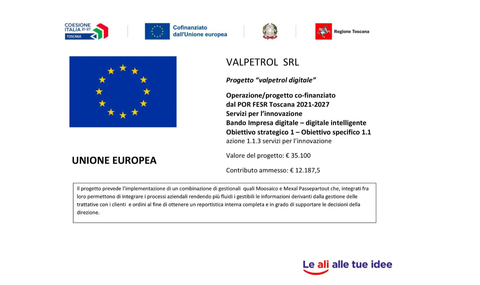 Progetto Valpetrol digitale co-finanziato dal POR FESR Toscana 2021-2027, Unione Europea